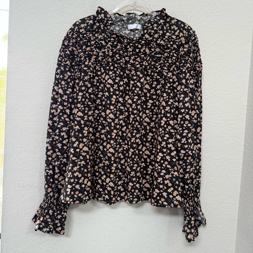 Merlette Blouse Black Floral Print Smocked High Ruffle Neck